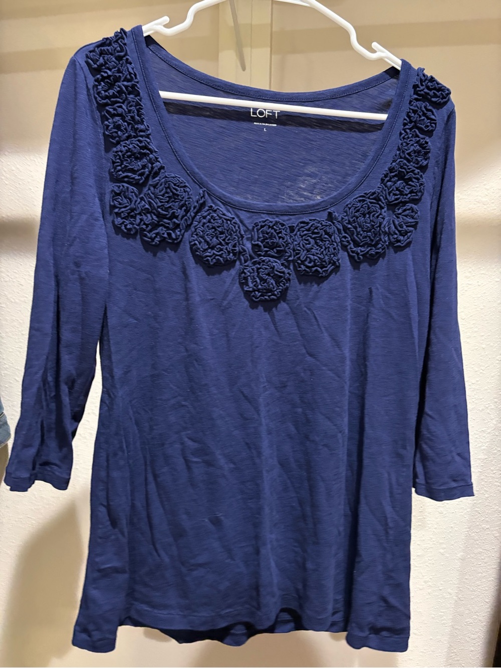 LOFT Deep Blue Scoop Neck Top with Rosette Trim